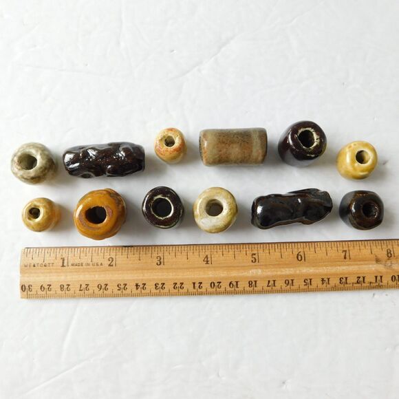 Vintage Macrame Beads Ceramic Handmade Lot fo 12 Rustic, Large Hole Glazed Clay - Picture 3 of 14
